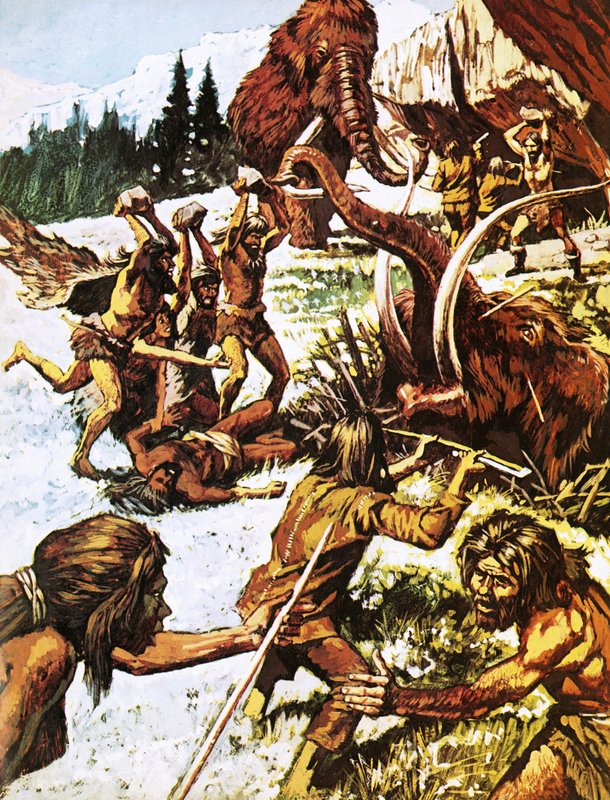 Prehistorische mannen vallen mammoeten aan door Roger Payne