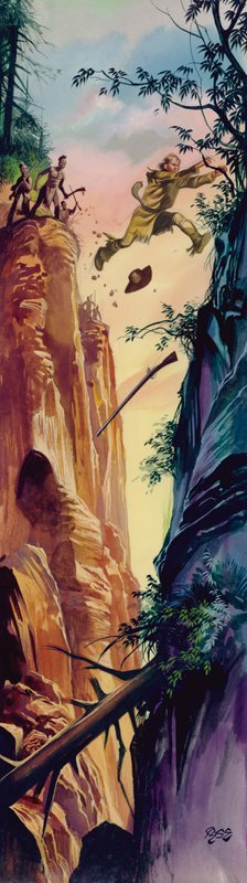 Amerikaanse grensbewoner wordt achtervolgd door indianen (gouache op papier) door Ron Embleton