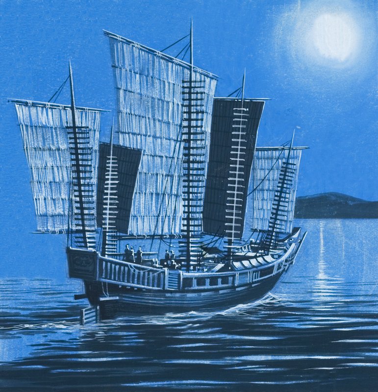 Chinees schip (gouache op papier) door Ron Embleton
