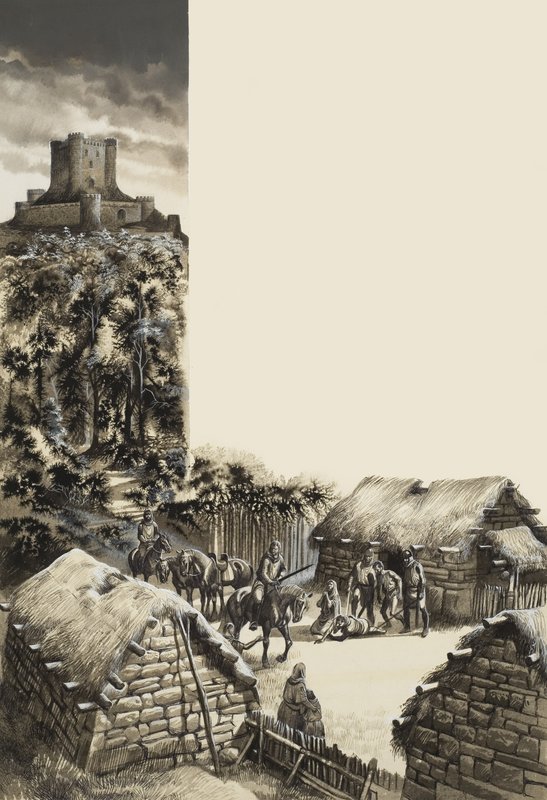 Middeleeuws dorp (gouache op papier) door Ron Embleton