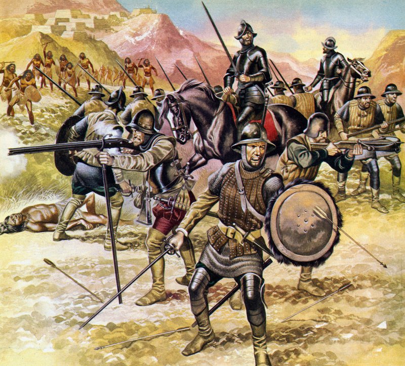 Mexico, Spanjaarden verzamelen een expeditie om een gouden stad in het noorden te vinden (kleurenlitho) door Ron Embleton