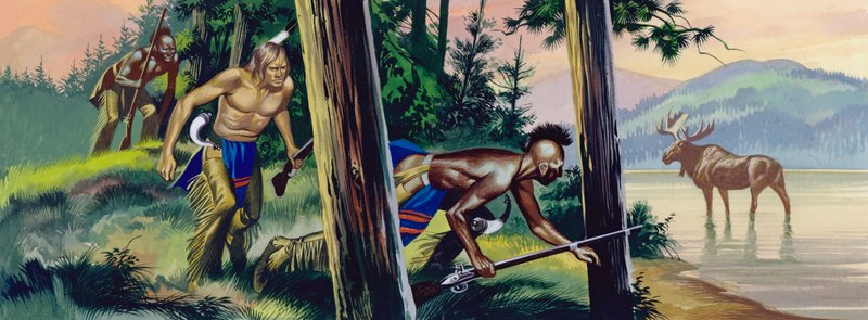 Indianen besluipen een eland (gouache op papier) door Ron Embleton