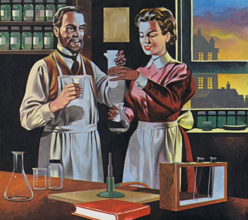 Pierre en Marie Curie in hun laboratorium in Parijs (kleurenlitho) door Ron Embleton