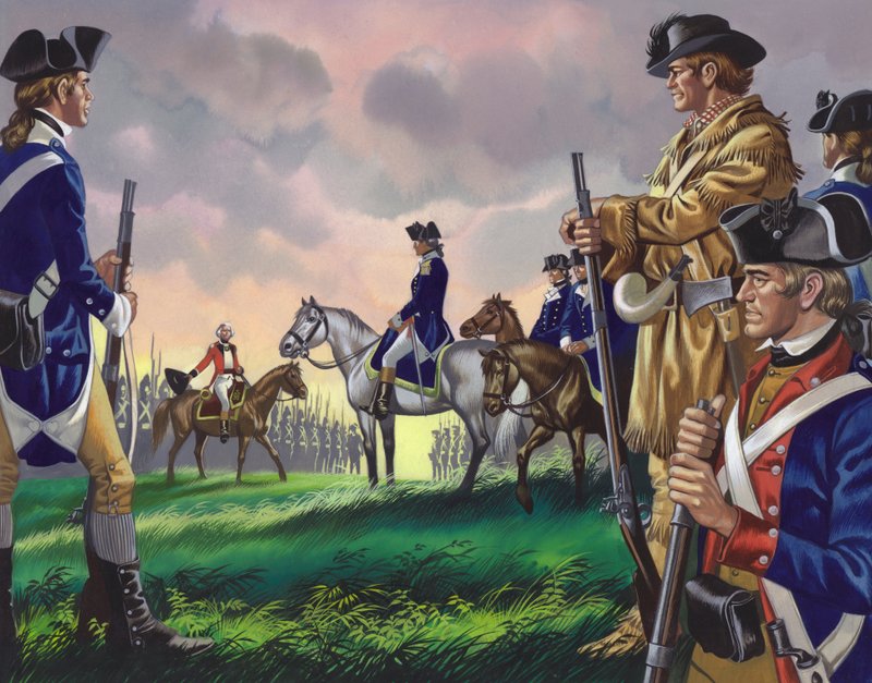Overgave door generaal Cornwallis aan de Amerikaanse commandant in Yorktown, Virginia op 19 oktober 1781 () (gouache op papier) door Ron Embleton