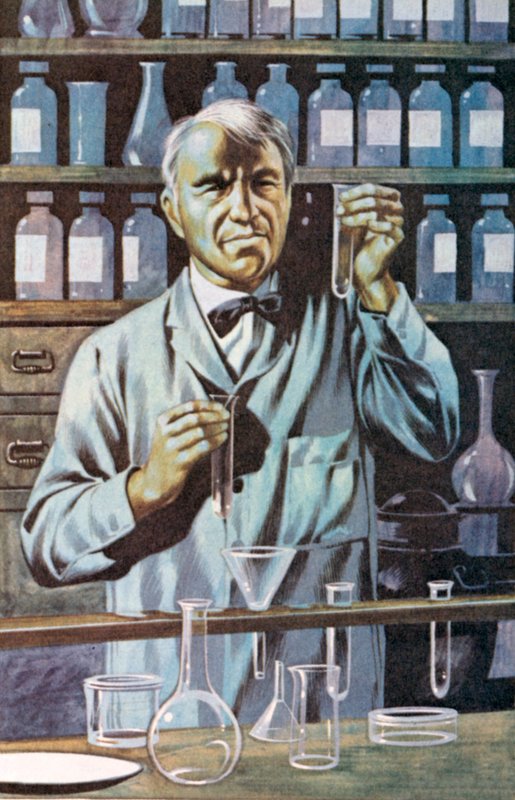 Thomas Alva Edison, Amerikaans uitvinder en zakenman (kleurenlitho) door Ron Embleton