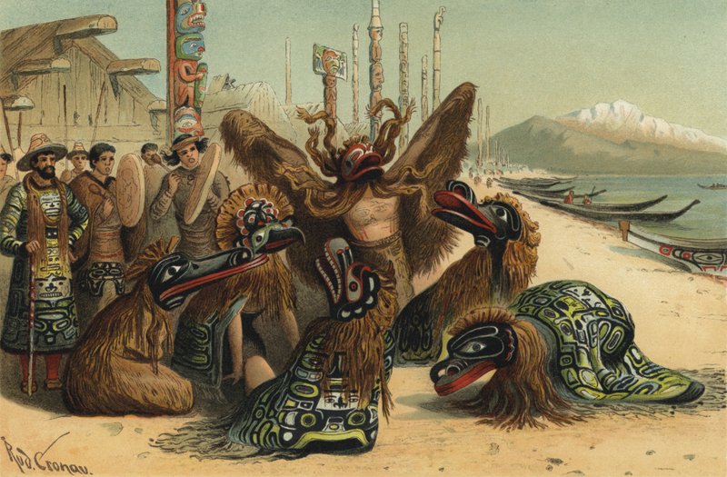 Maskerdans van de Nuxalk-mensen van Brits-Columbia door Rudolf Cronau