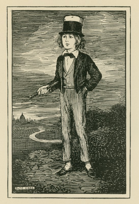 Een denkbeeldig portret van Charles Dickens als jonge jongen (gravure) door Ruth Cobb