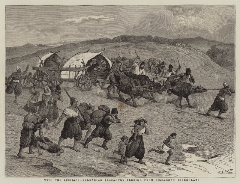 Met de Russen, Bulgaarse boeren vluchten voor Circassische ongeregelden door Samuel Edmund Waller
