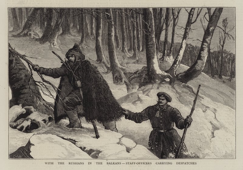Met de Russen op de Balkan, staf-officieren die berichten dragen door Samuel Edmund Waller