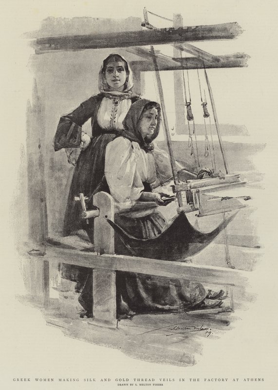Griekse Vrouwen maken Zijde en Gouden Draad Sluiers in de Fabriek in Athene door Samuel Melton Fisher