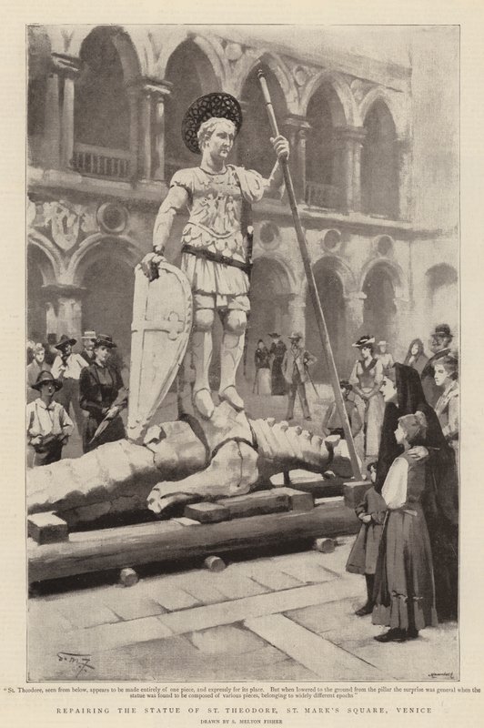 Reparatie van het Standbeeld van St. Theodore, St. Mark