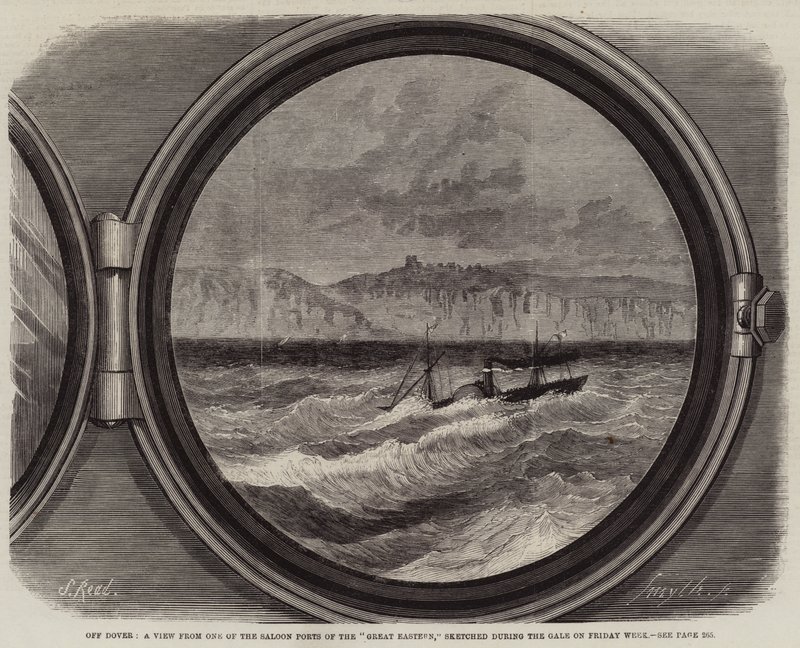 Voor Dover, een uitzicht vanaf een van de salonpoorten van de Great Eastern, geschetst tijdens de storm op vrijdag door Samuel Read