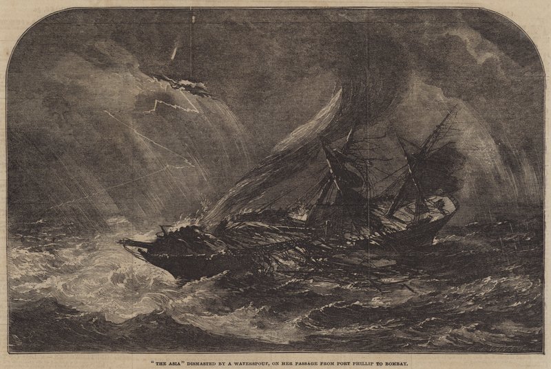 De Azië ontmast door een waterhoos, op haar reis van Port Phillip naar Bombay door Samuel Read