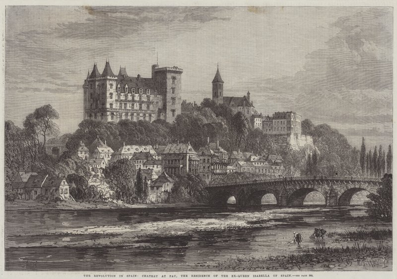 De Revolutie in Spanje, Kasteel in Pau, de Residentie van de Ex-Koningin Isabella van Spanje door Samuel Read