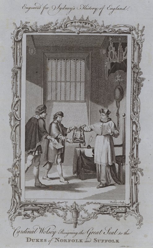 Kardinaal Wolsey geeft de Grote Zegel over aan de Hertogen van Norfolk en Suffolk door Samuel (after) Wale