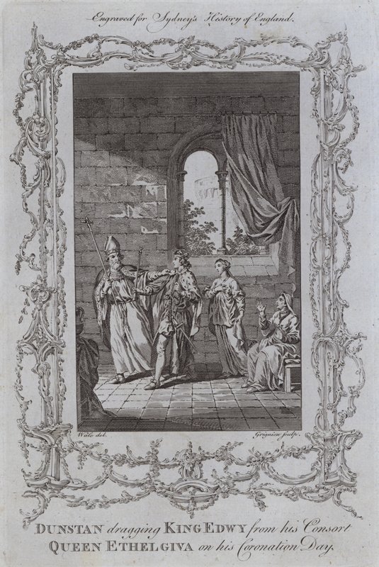 Dunstan sleept Koning Edwy weg van zijn Gemalin, Koningin Ethelgiva op zijn Kroningsdag door Samuel (after) Wale