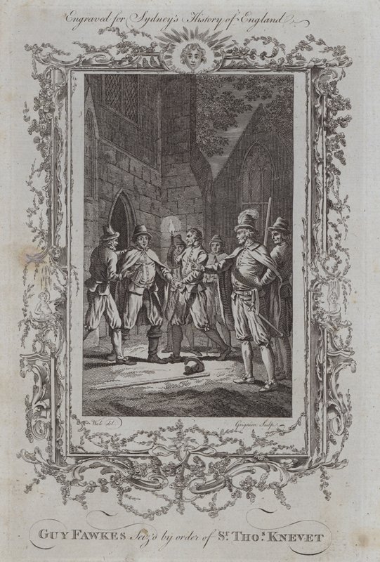 Guy Fawkes gearresteerd op bevel van Sir Thomas Knevet (gravure) door Samuel (after) Wale
