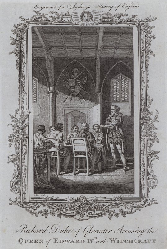 Richard, Hertog van Gloucester beschuldigt de koningin van Edward IV van hekserij door Samuel (after) Wale