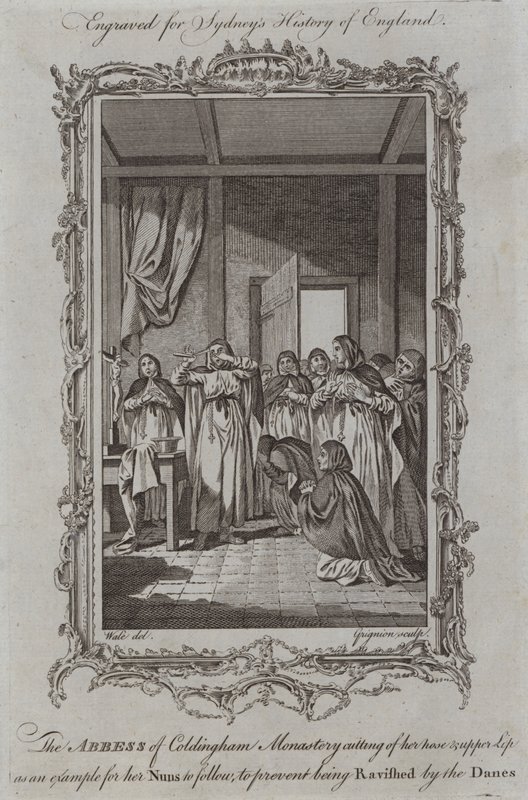 De abdis van het klooster van Coldingham snijdt haar neus en bovenlip af als voorbeeld voor haar nonnen om verkrachting door de Denen te voorkomen door Samuel (after) Wale