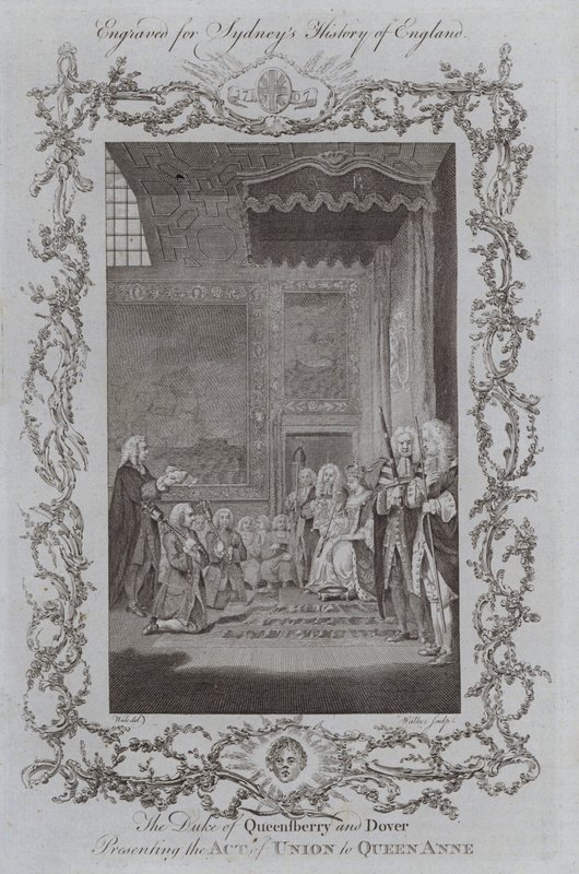 De hertog van Queensberry en Dover presenteert de Act of Union aan koningin Anne (gravure) door Samuel (after) Wale
