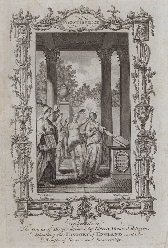 De Geest van de Geschiedenis vergezeld door Vrijheid, Deugd en Religie, die de Geschiedenis van Engeland in de Tempel van Eer en Onsterfelijkheid plaatst door Samuel (after) Wale