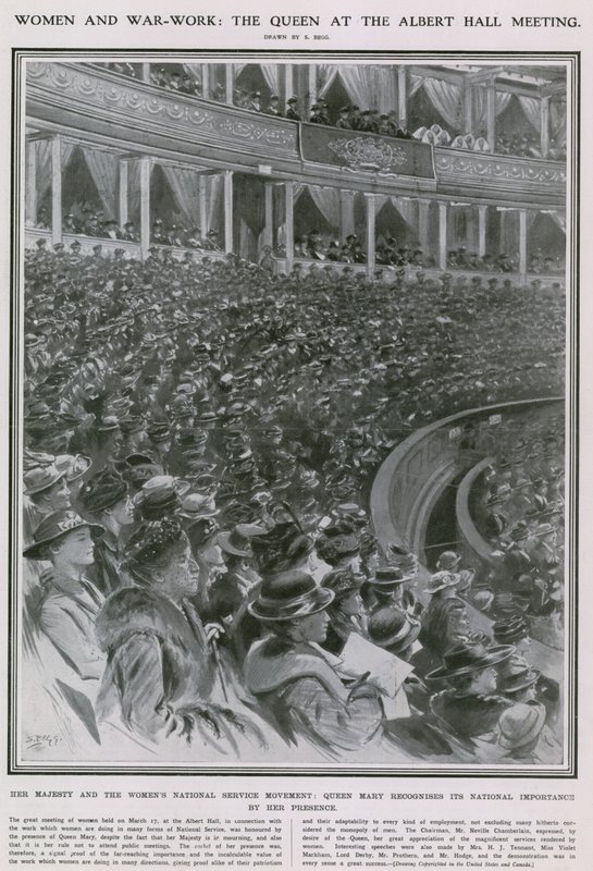Vrouwen en oorlogsarbeid: de koningin bij de bijeenkomst in de Albert Hall door Samuel Begg