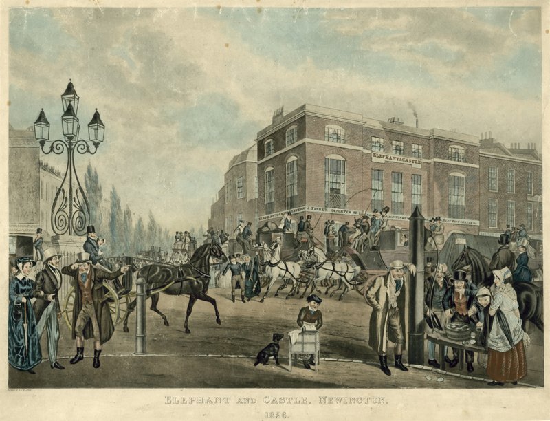 Elephant and Castle, Newington, Londen, 1826 door Samuel John Egbert Jones