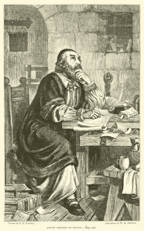 Ridley schrijft in de gevangenis door Samuel Luke Fildes