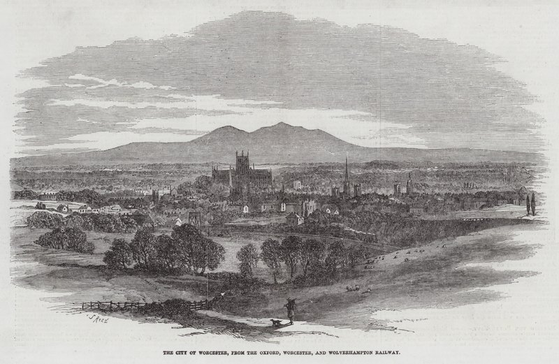 De stad Worcester, vanaf de Oxford, Worcester en Wolverhampton Railway door Samuel Read