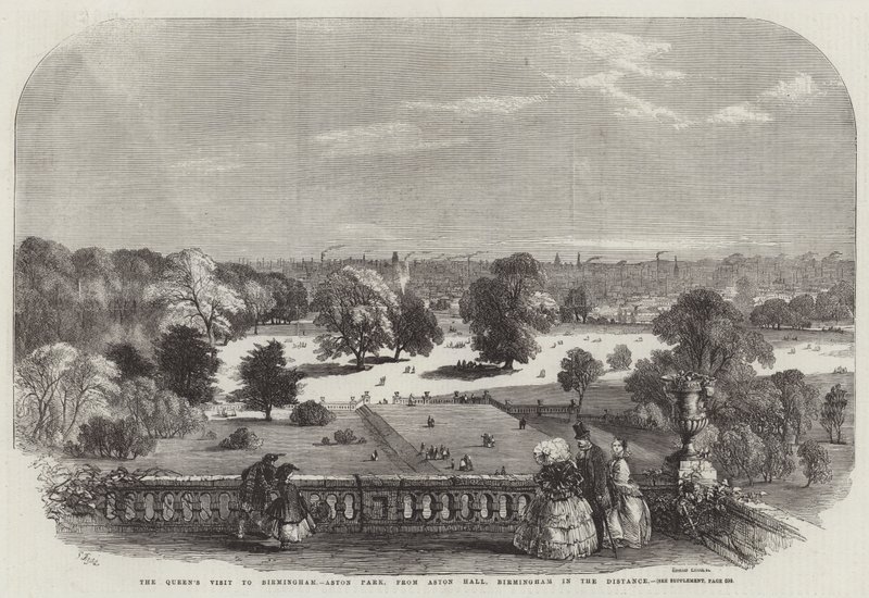 Het bezoek van de koningin aan Birmingham, Aston Park, vanaf Aston Hall, Birmingham in de verte door Samuel Read