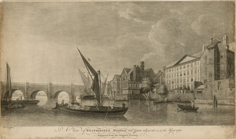 Een uitzicht op de Westminster Bridge met aangrenzende delen zoals in het jaar 1760 door Samuel Scott