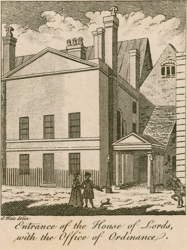 Ingang van het House of Lords met het Office of Ordinance, Westminster door Samuel Wale