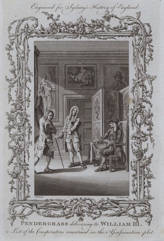 Pendergrass overhandigt aan Willem III een lijst van de samenzweerders betrokken bij het moordcomplot door Samuel Wale