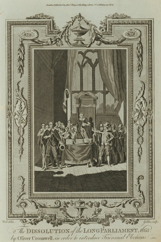 De ontbinding van het Lange Parlement 1653 door Oliver Cromwell (gravure) door Samuel Wale