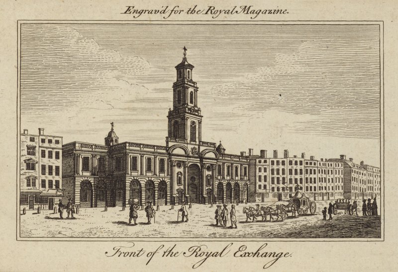 De voorkant van de Royal Exchange in de City of London door Samuel Wale
