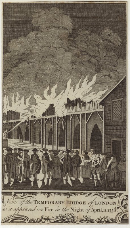 Uitzicht op de tijdelijke brug van Londen zoals deze in brand stond in de nacht van 11 april 1758 door Samuel Wale