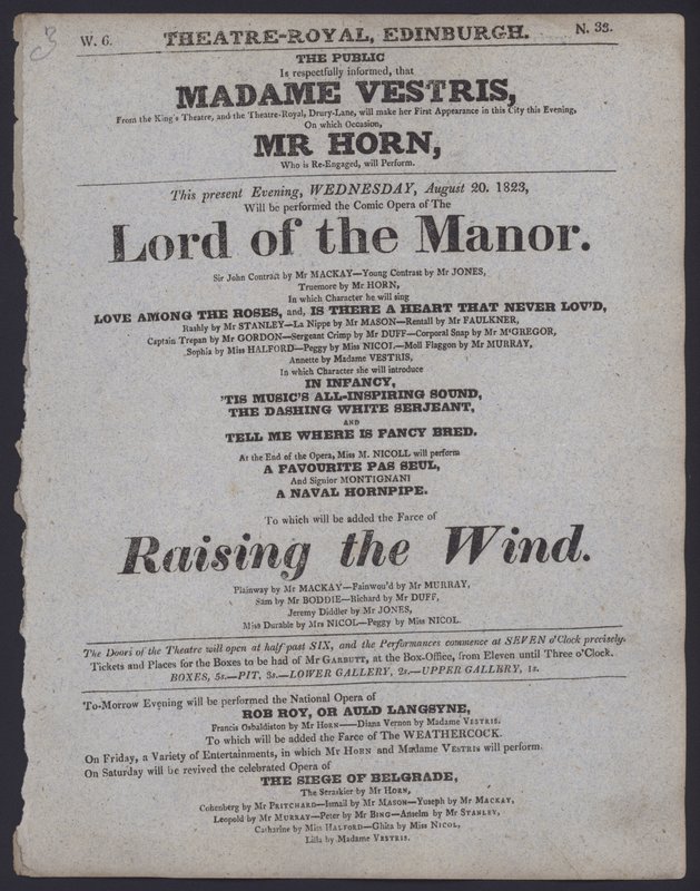 Theaterprogramma voor het Theatre Royal, Edinburgh, 20 augustus 1823 door Scottish School