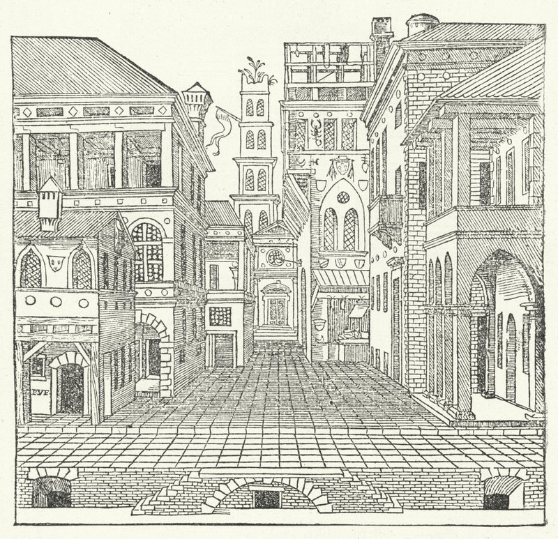 Decorontwerp door Italiaanse maniëristische architect Sebastiano Serlio voor een komedie door Sebastiano Serlio