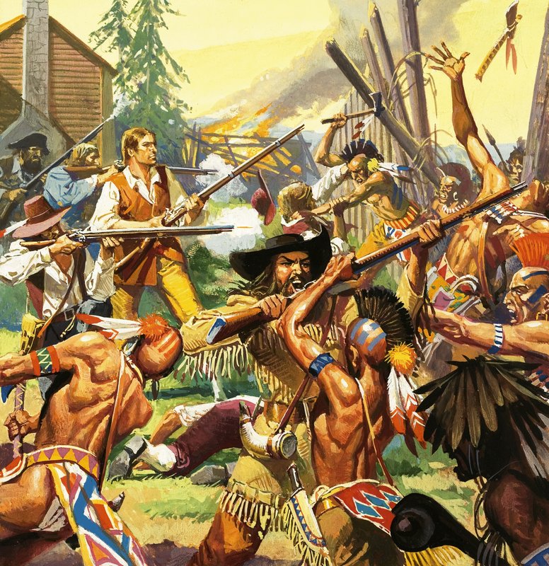 Daniel Boone verdedigt een hofstede in Kentucky tegen aanvallende indianen door Severino Baraldi