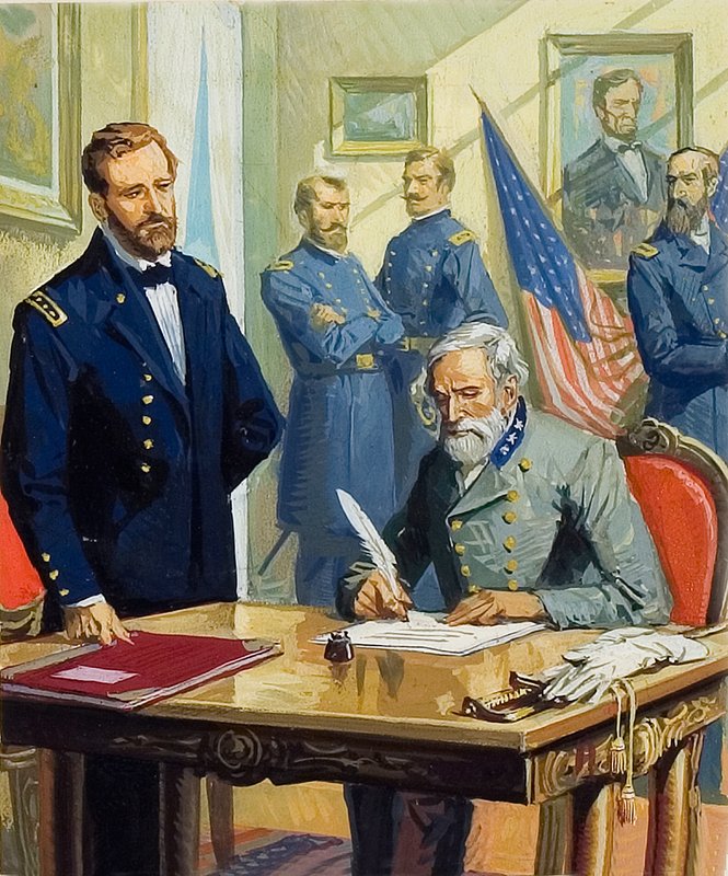 Generaal Ulysses Grant accepteert de overgave van generaal Lee bij Appomattox door Severino Baraldi