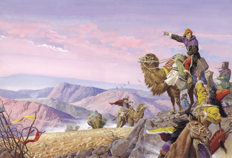 Marco Polo op de lange weg naar Cathay, 20e eeuw (gouache op papier) door Severino Baraldi