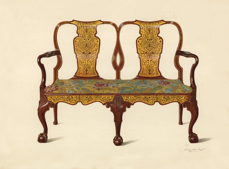 Walnotenbank ingelegd met marqueterie, eigendom van Percy Macquoid door Shirley Charles Llewellyn Slocombe