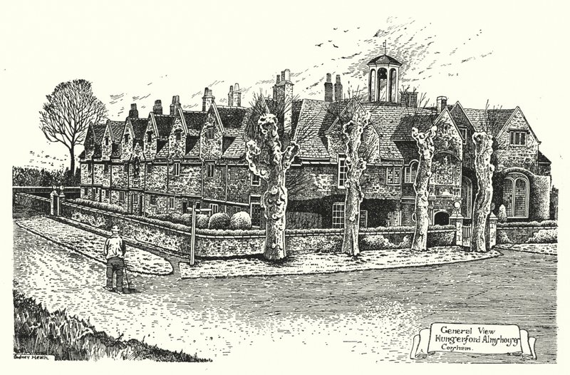 Algemeen Uitzicht, Hungerford Almshouses, Corsham (gravure) door Sidney Heath