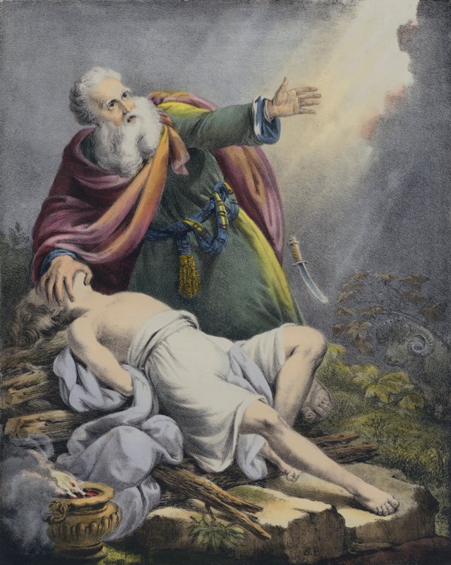 Abraham offert zijn zoon Isaak (gekleurde gravure) door Siegfried Detler Bendixen