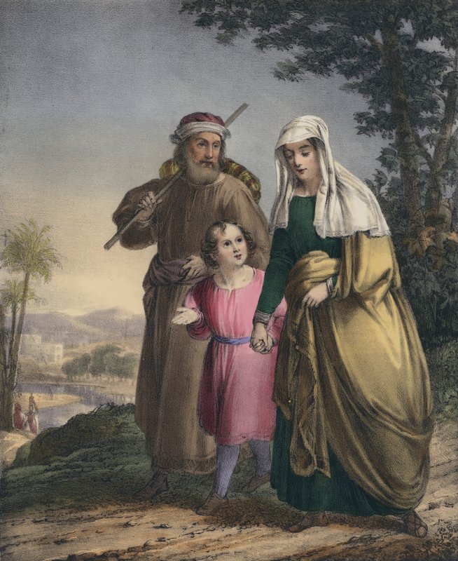 Jezus keert terug met zijn ouders naar Nazareth (gekleurde gravure) door Siegfried Detler Bendixen