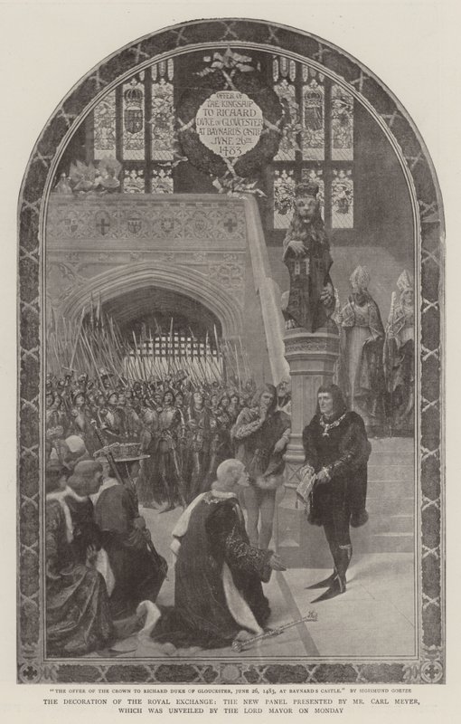 De decoratie van de Royal Exchange, het nieuwe paneel gepresenteerd door de heer Carl Meyer, dat maandag door de burgemeester werd onthuld door Sigismund Christian Hubert Goetze