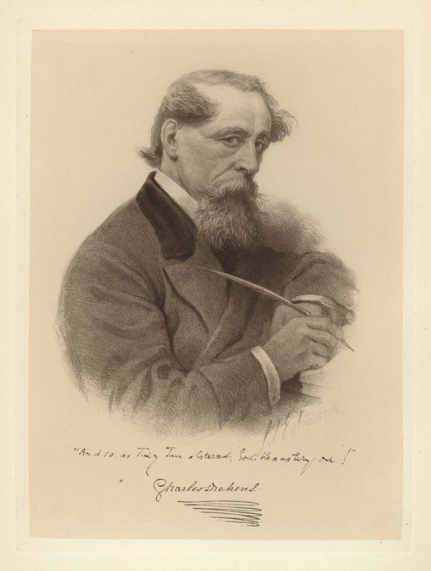 Portret van Charles Dickens met zijn pen door Solomon (after) Eytinge