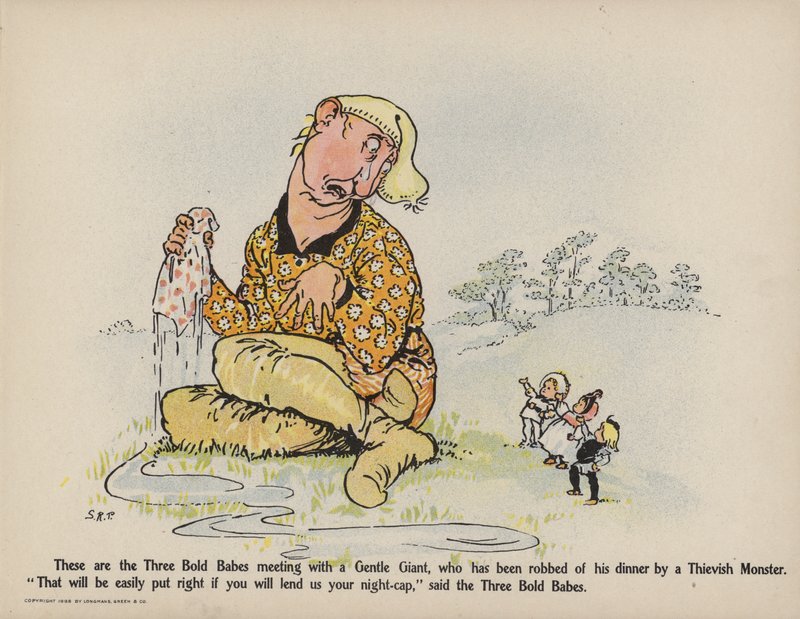 Illustratie voor Verdere Daden van de Drie Stoute Babes (kleurenlitho) door Sophia Rosamond Praeger