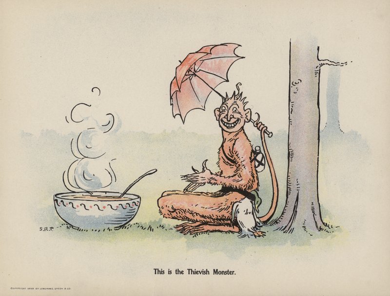 Illustratie voor Verdere Daden van de Drie Stoute Babes (kleurenlitho) door Sophia Rosamond Praeger