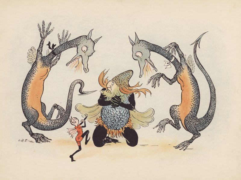 Illustratie voor Little Twin Dragons door S Rosamond Praeger (kleurenlitho) door Sophia Rosamond Praeger